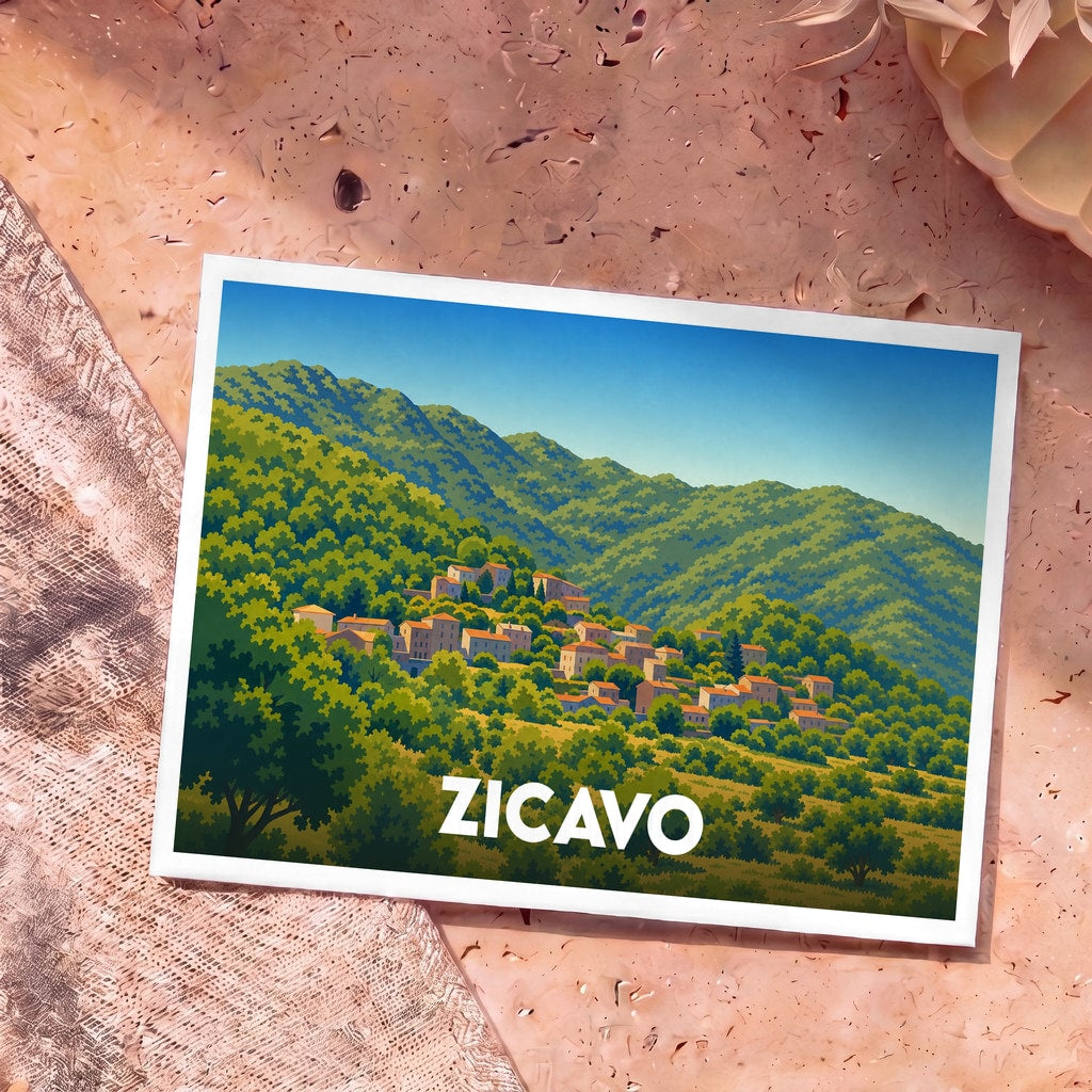 Carte postale souvenir de la ville de Zicavo illustrant un village niché dans des montagnes verdoyantes.