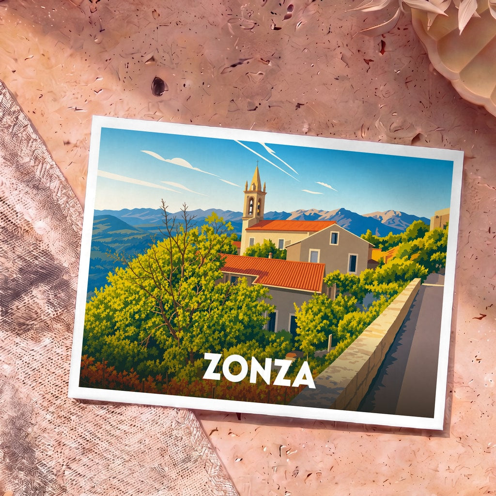 Carte postale souvenir de la ville de Zonza avec une illustration stylisée de son église et des montagnes environnantes.