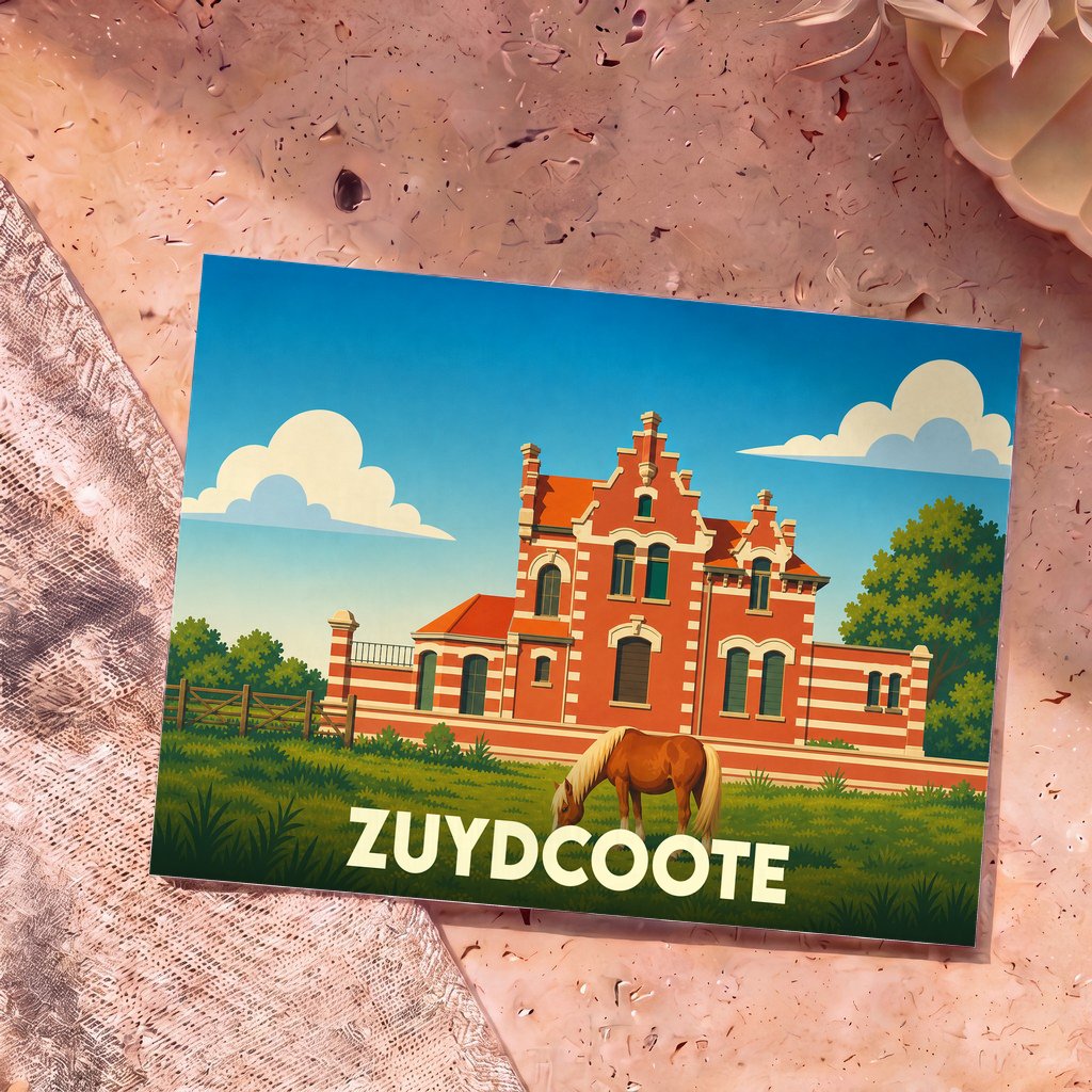 Carte postale souvenir de la ville de Zuydcoote avec une illustration stylisée d'une maison typique du Nord et d'un cheval dans un pré.