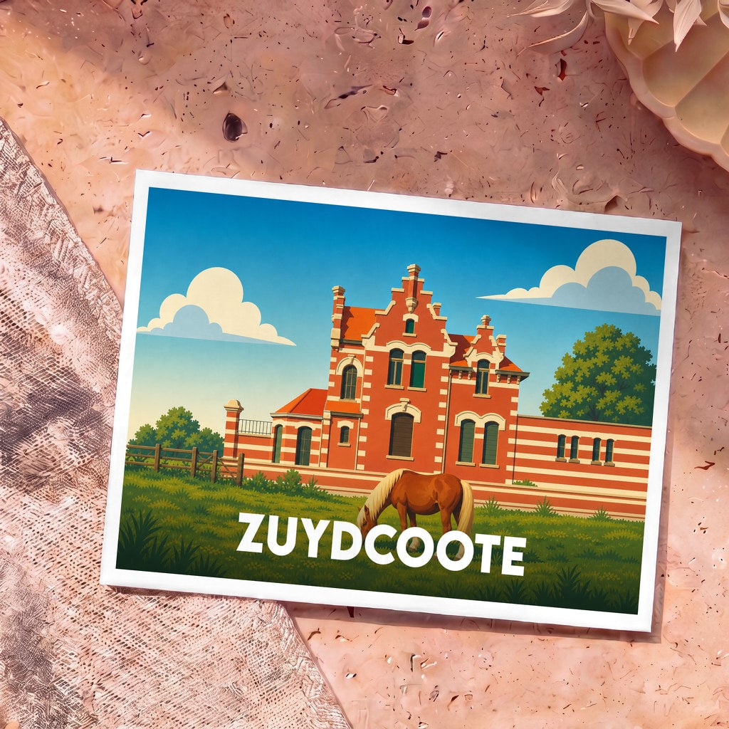 Carte postale souvenir de la ville de Zuydcoote avec une illustration stylisée d'une maison typique du Nord et d'un cheval dans un pré.