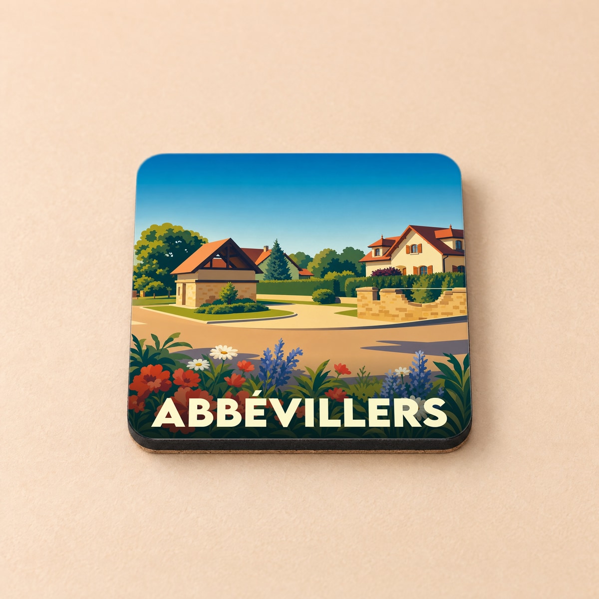 Dessous de verre souvenir de la ville d'Abbévillers avec une illustration stylisée et colorée d'un paysage urbain fleuri.