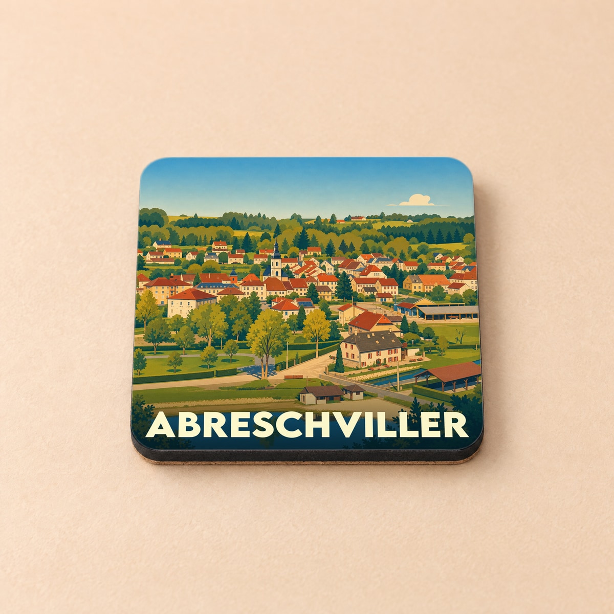 Dessous de verre souvenir de la ville d'Abreschviller avec une illustration colorée et stylisée du village.