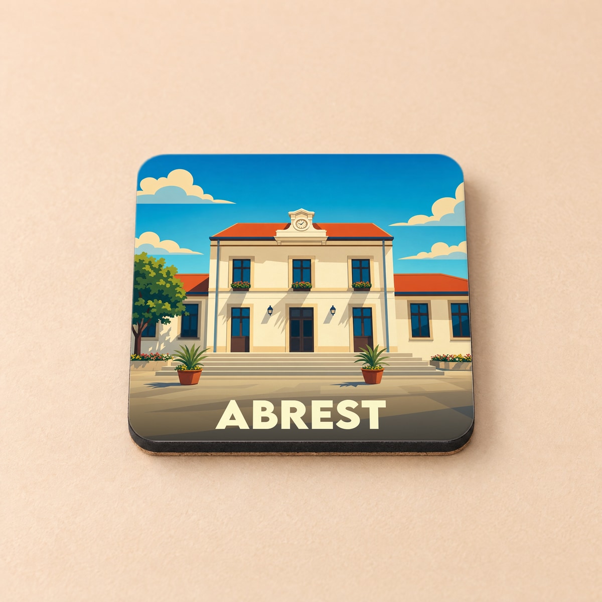 Dessous de verre souvenir de la ville d'Abrest illustré par un dessin stylisé de sa mairie.