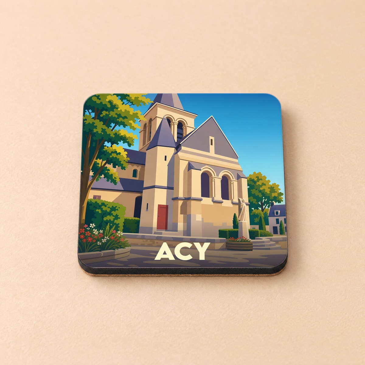 Dessous de verre souvenir de la ville d'Acy avec une illustration stylisée de son église.