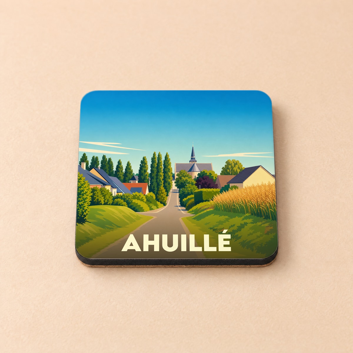 Dessous de verre souvenir de la ville d'Ahuillé avec une illustration stylisée d'un paysage de campagne.