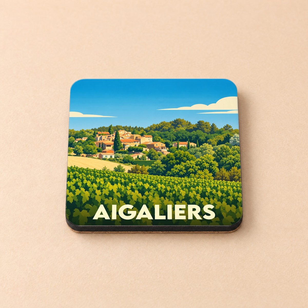 Dessous de verre souvenir de la ville d'Aigaliers avec une illustration stylisée d'un paysage provençal.