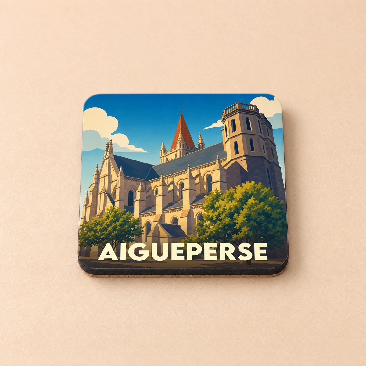 Dessous de verre souvenir de la ville de Aigueperse avec une illustration stylisée de son église gothique.