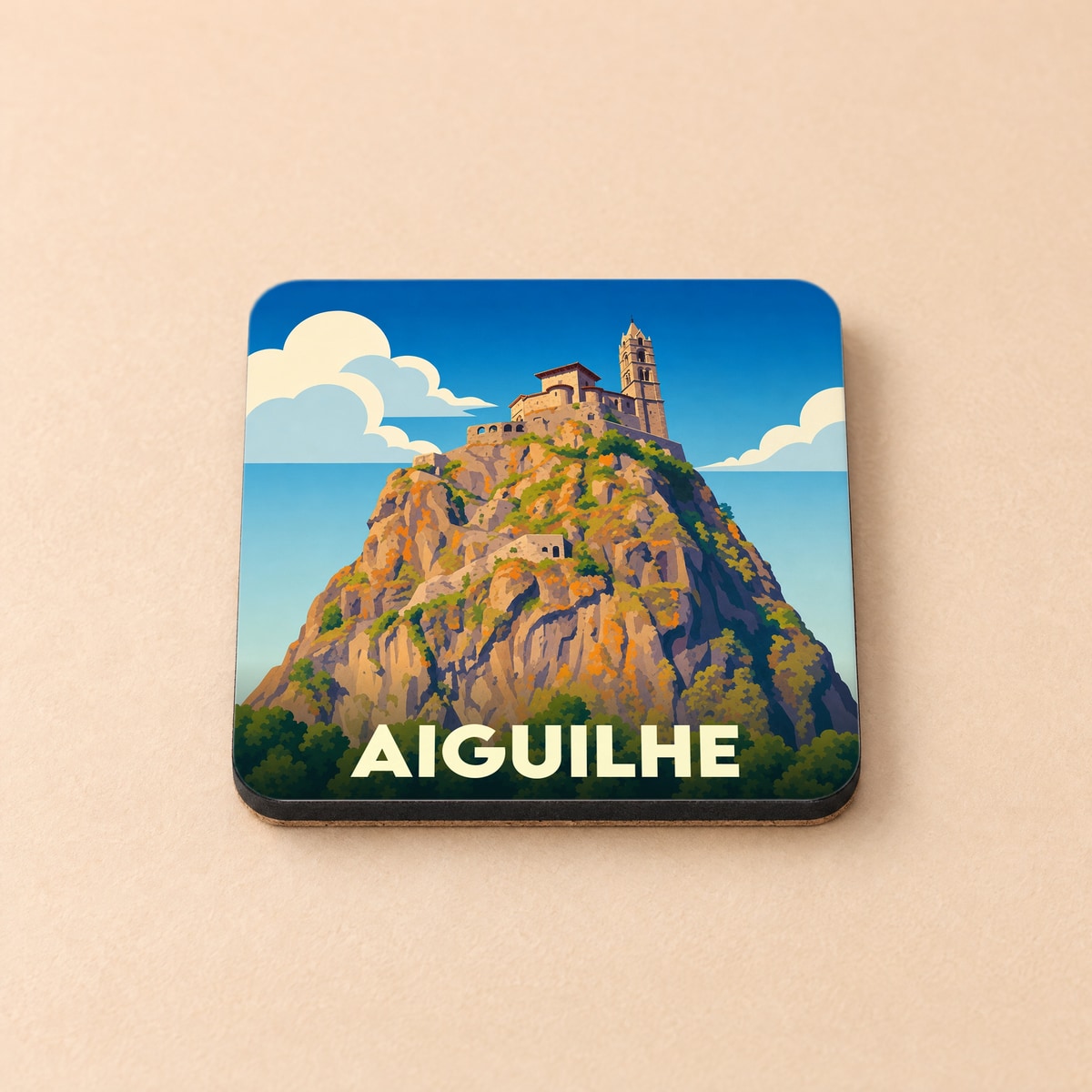 Dessous de verre souvenir de la ville d'Aiguilhe avec une illustration stylisée du rocher et de sa chapelle.