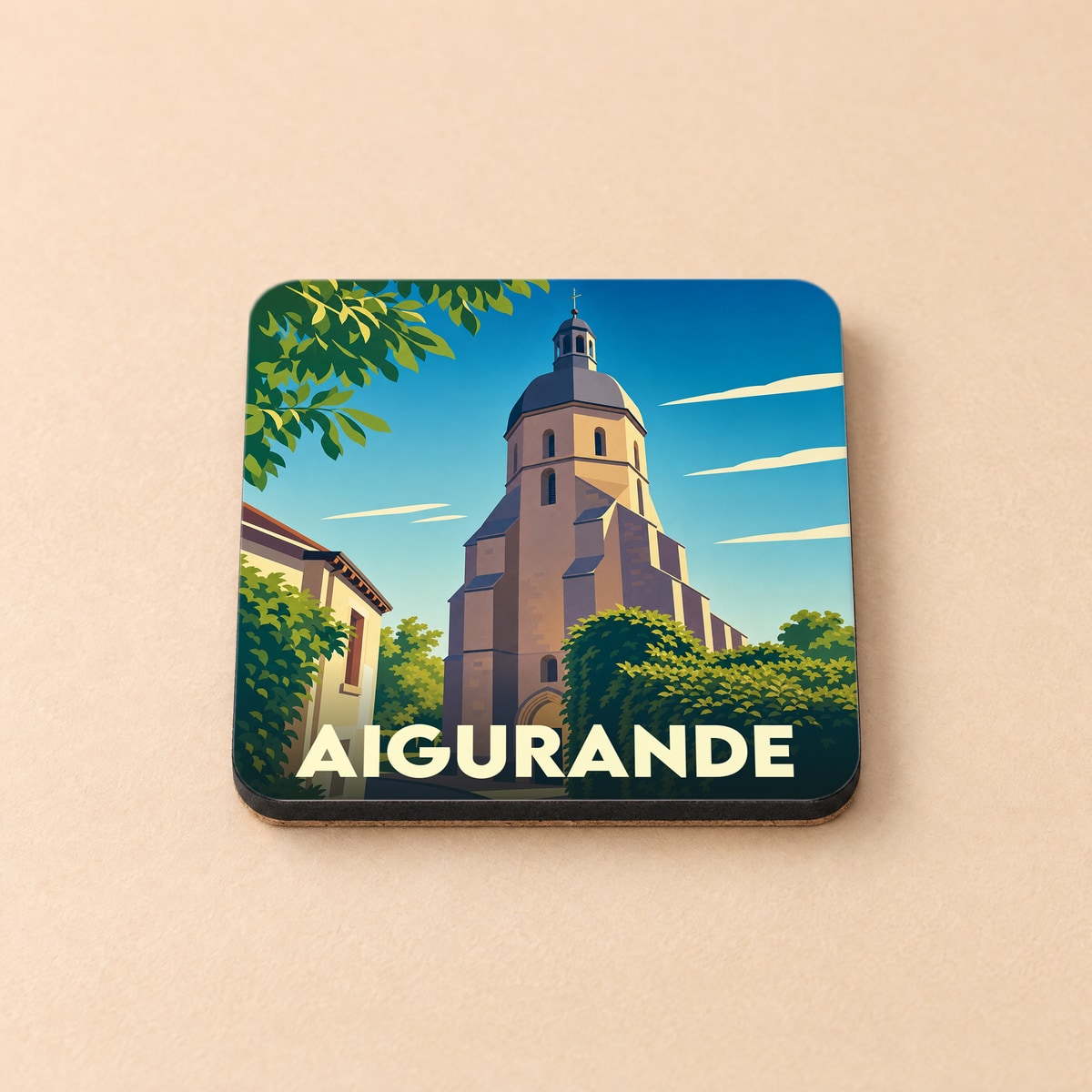 Dessous de verre souvenir de la ville d'Aigurande avec une illustration stylisée de son église.