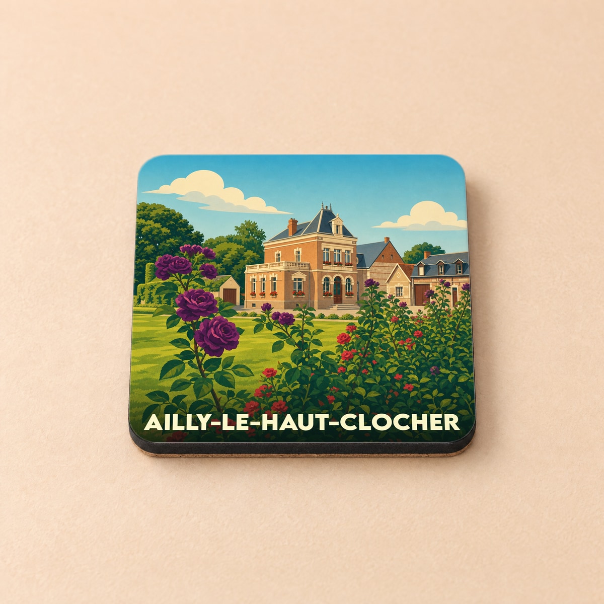 Dessous de verre souvenir de la ville de Ailly-le-Haut-Clocher avec une illustration stylisée d'une demeure et de jardins fleuris.