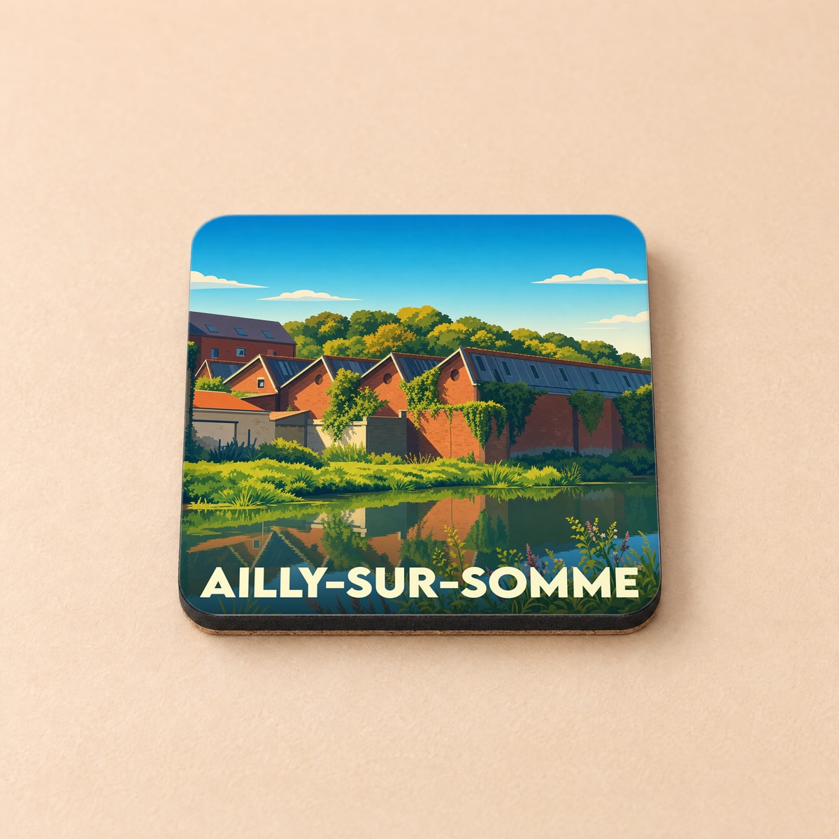 Dessous de verre souvenir de la ville de Ailly-sur-Somme avec une illustration stylisée des anciens bâtiments industriels au bord de l'eau.