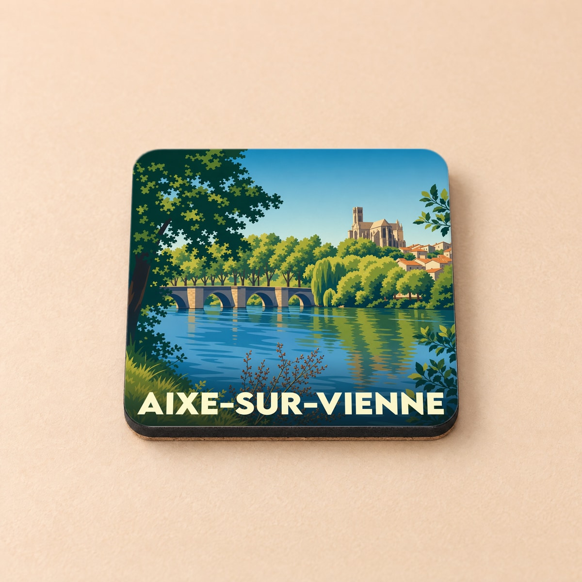 Dessous de verre souvenir de la ville de Aixe-sur-Vienne avec une illustration stylisée d'un pont et d'une église au bord de l'eau.