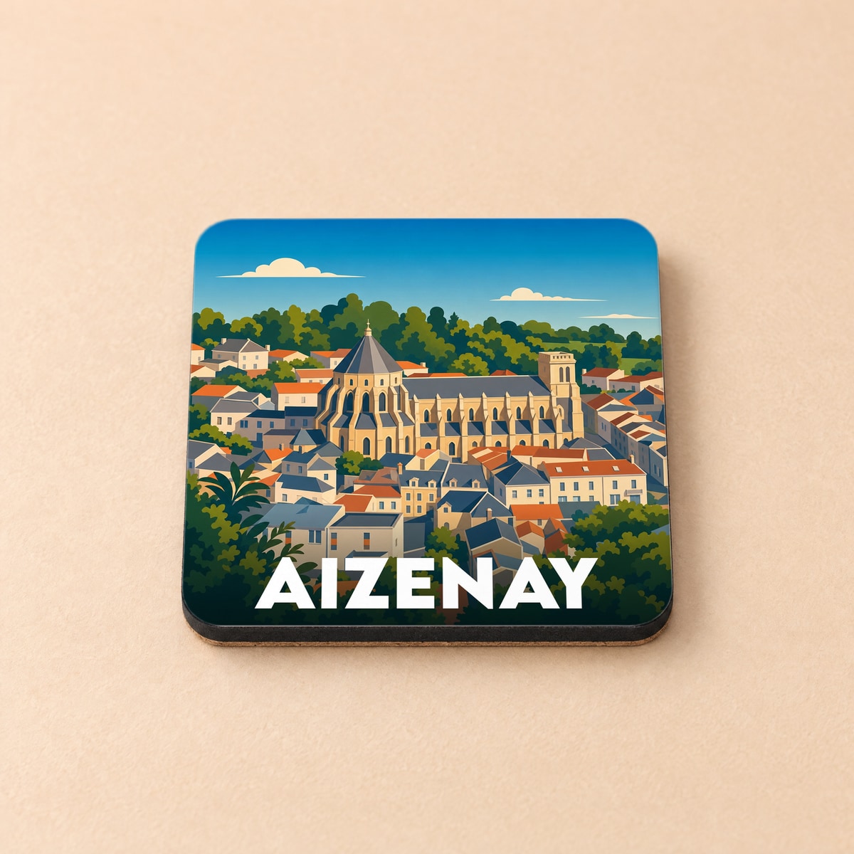 Dessous de verre souvenir de la ville d'Aizenay avec une illustration stylisée d'un paysage urbain dominé par son église.