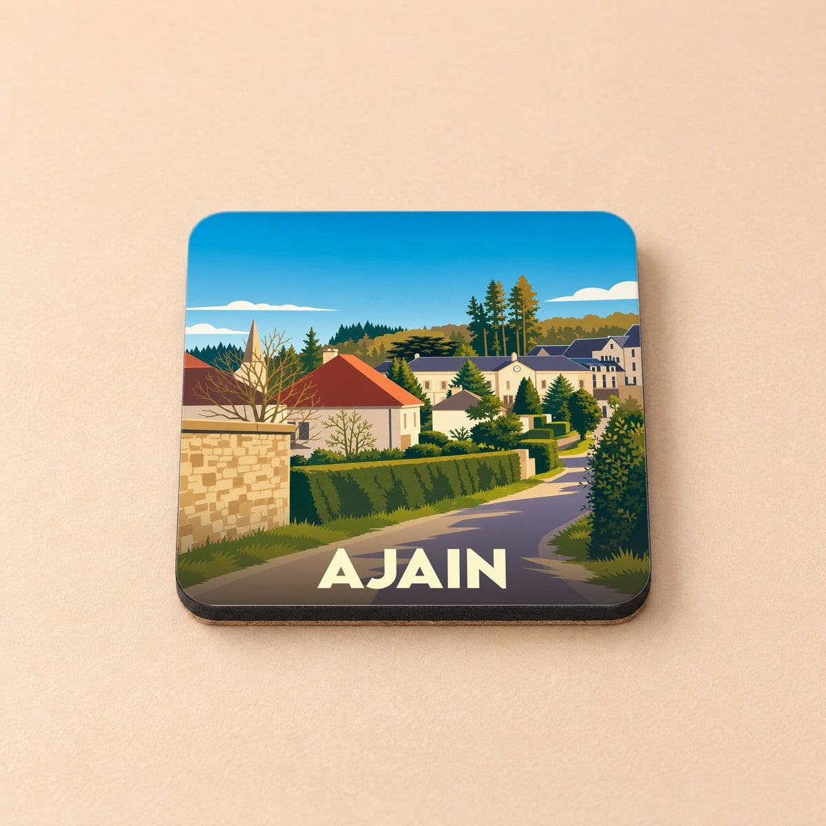 Dessous de verre souvenir de la ville d'Ajain avec une illustration stylisée de ses paysages et maisons.