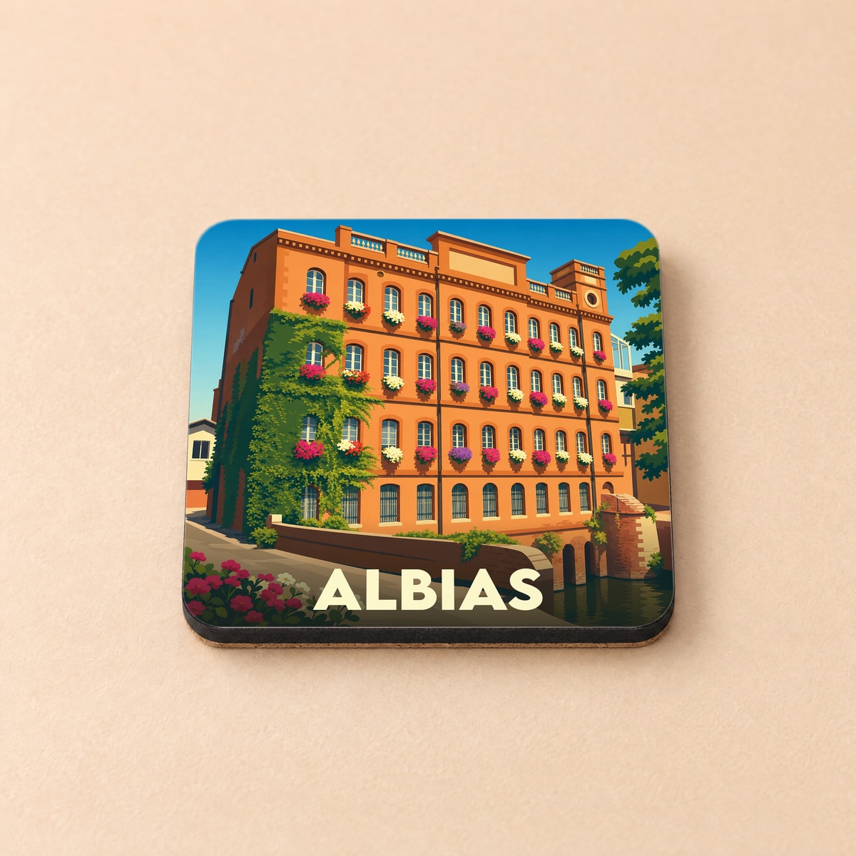 Dessous de verre souvenir de la ville d'Albias avec une illustration stylisée d'un bâtiment fleuri.
