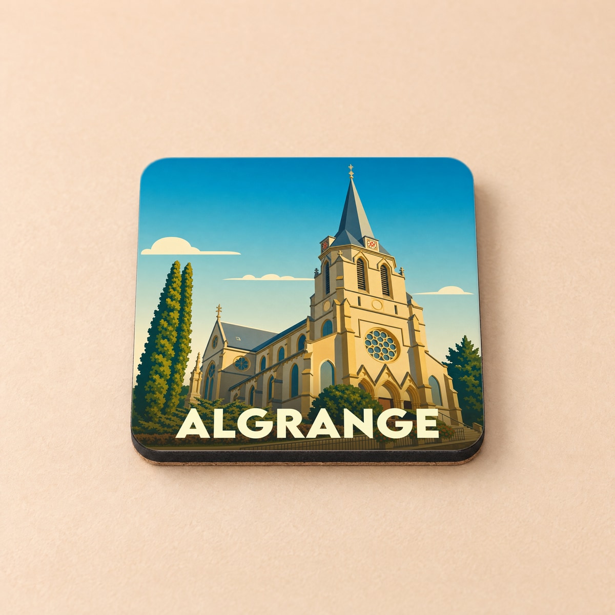 Dessous de verre souvenir de la ville d'Algrange avec une illustration stylisée de son église.