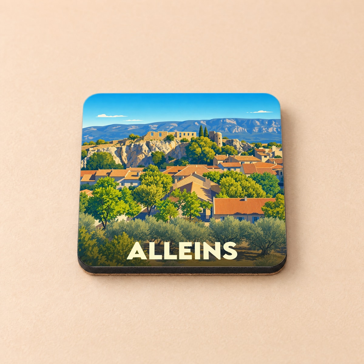 Dessous de verre souvenir de la ville d'Alleins avec une illustration stylisée de son paysage provençal.