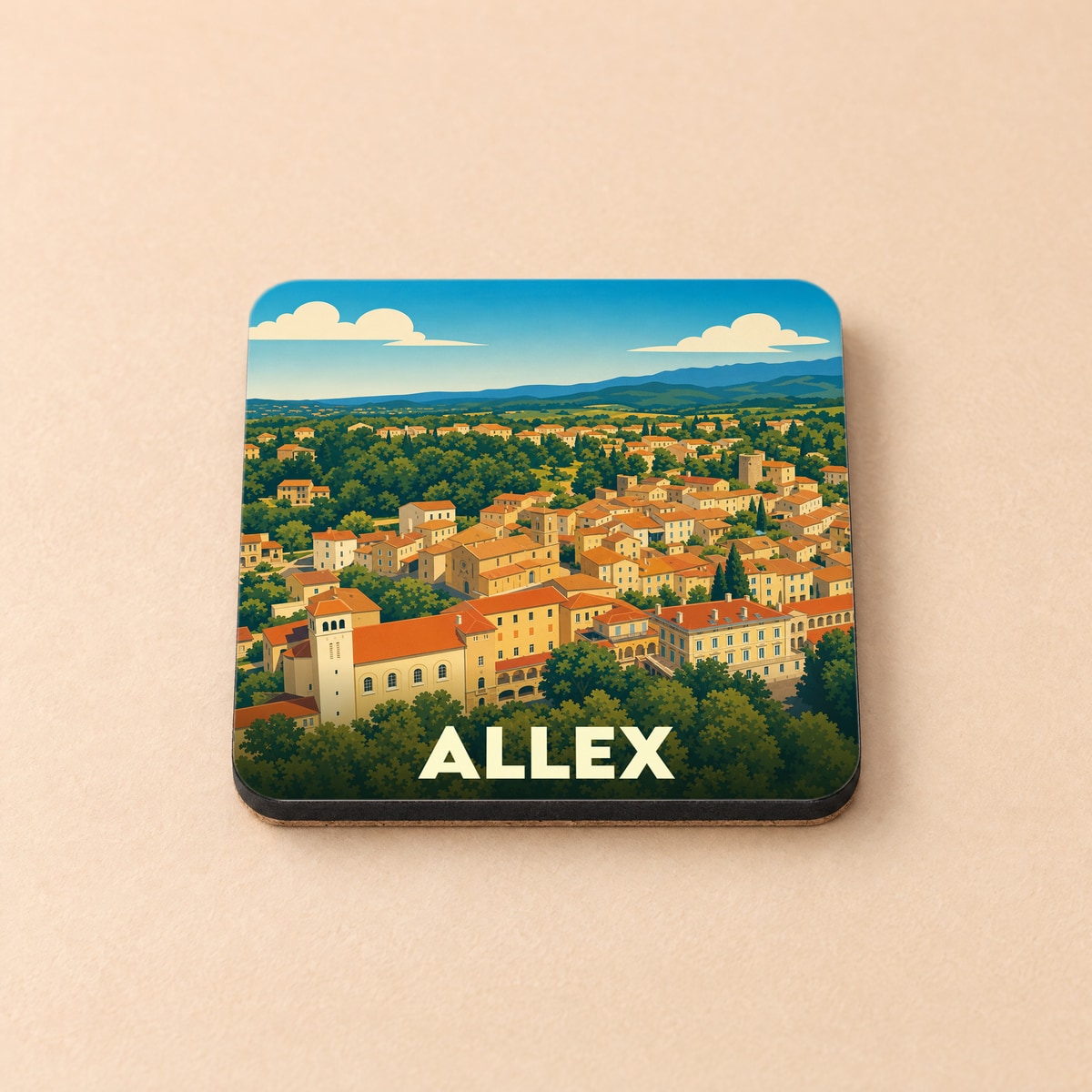 Dessous de verre souvenir de la ville d'Allex illustré d'un paysage urbain coloré et stylisé.