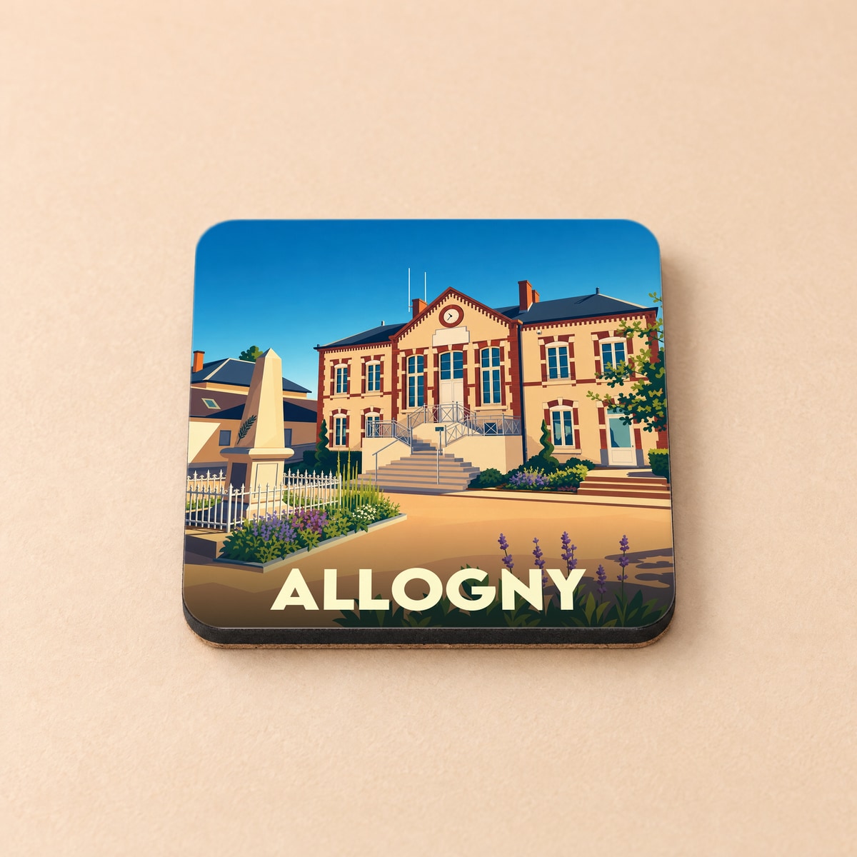 Dessous de verre souvenir de la ville d'Allogny avec une illustration stylisée de la mairie et du monument aux morts.