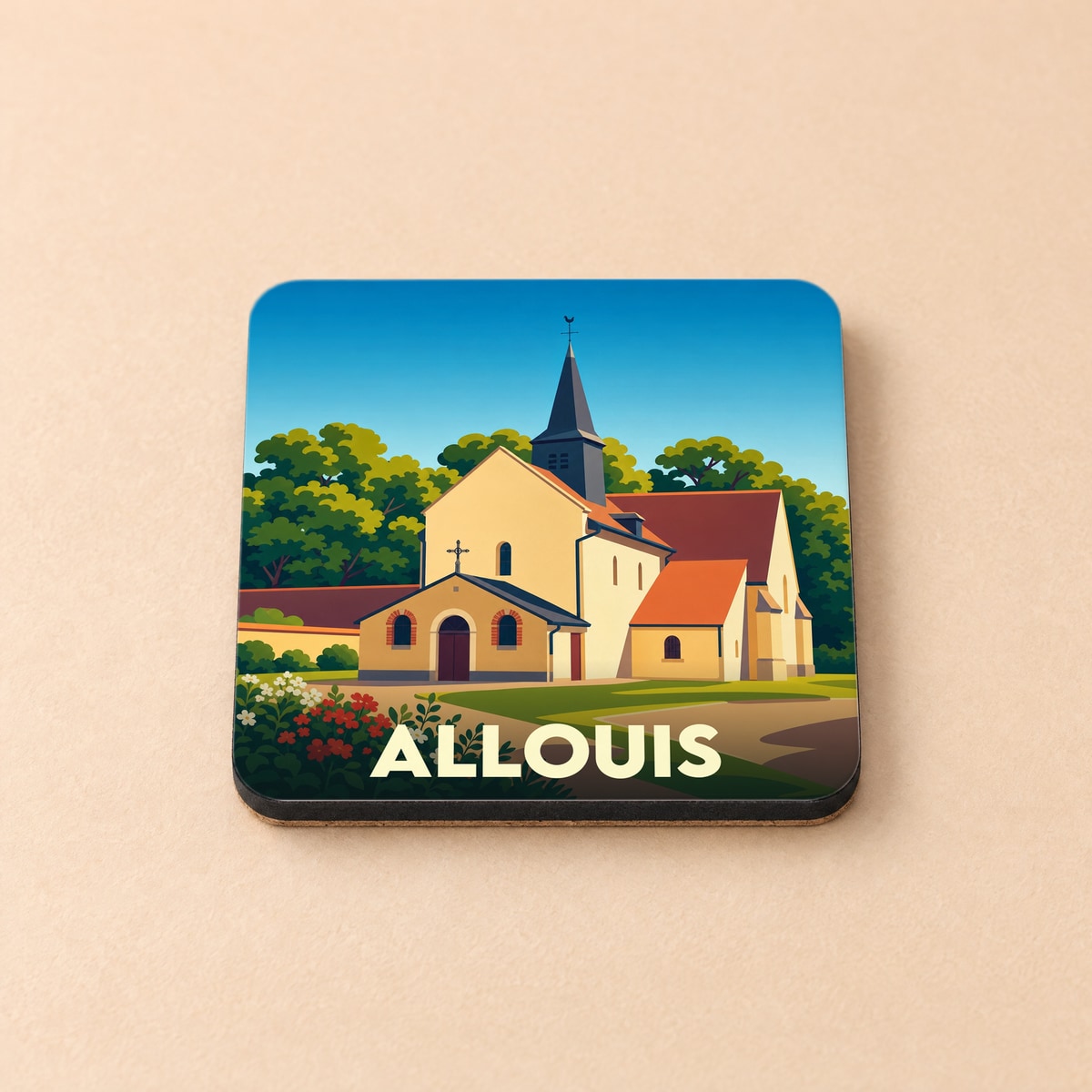 Dessous de verre souvenir de la ville d'Allouis avec une illustration stylisée de son église.