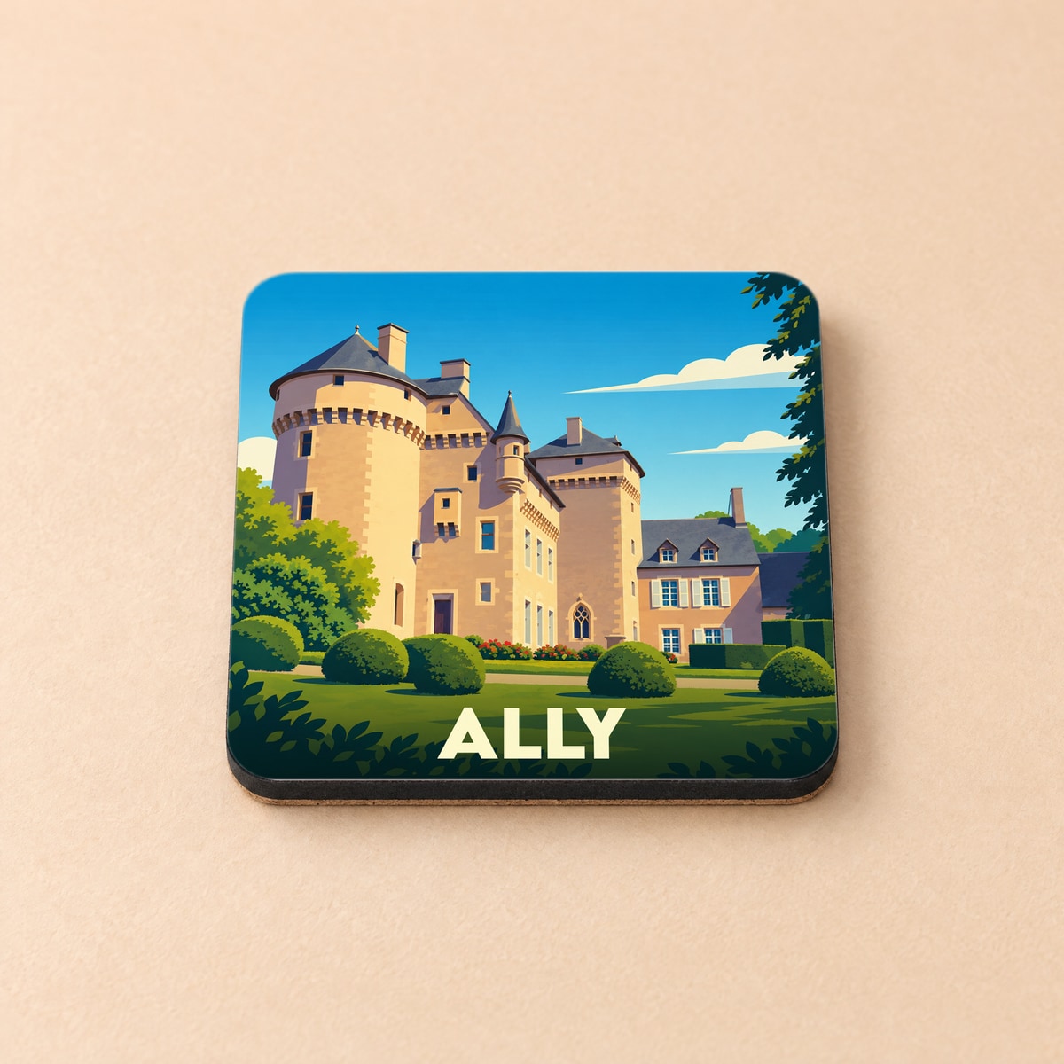 Dessous de verre souvenir de la ville de Ally avec une illustration stylisée de son château.