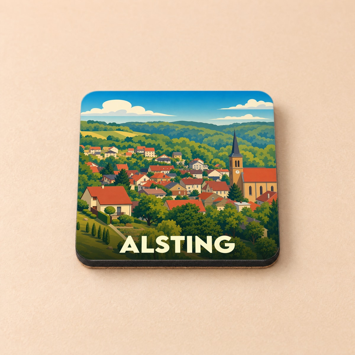 Dessous de verre souvenir de la ville de Alsting avec une illustration stylisée d'un village vallonné.