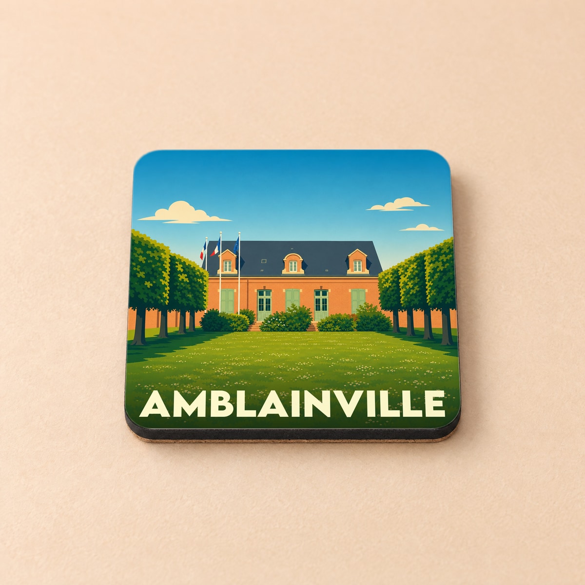 Dessous de verre souvenir de la ville d'Amblainville avec une illustration stylisée de sa mairie.