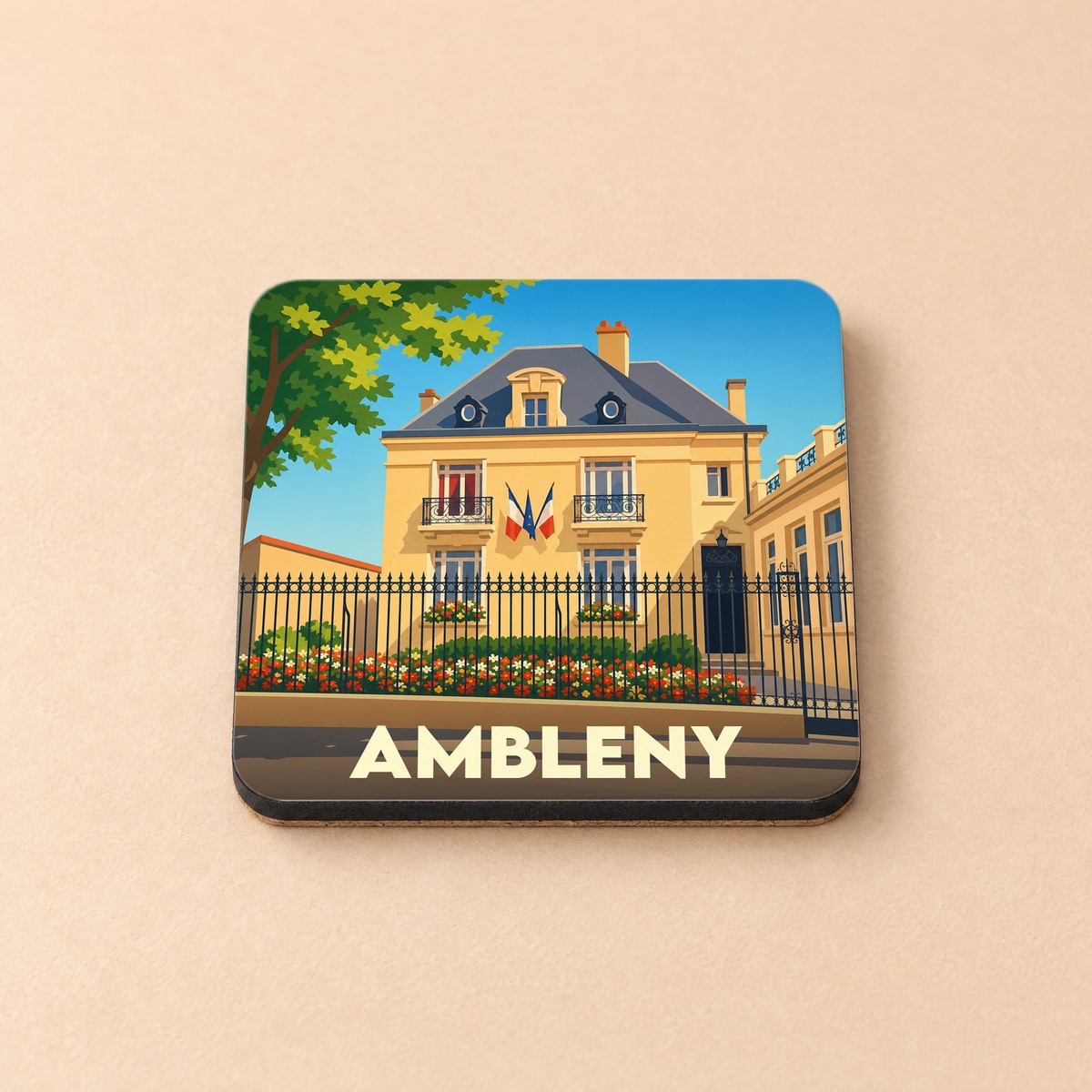 Dessous de verre souvenir de la ville d'Ambleny avec une illustration stylisée de la mairie.