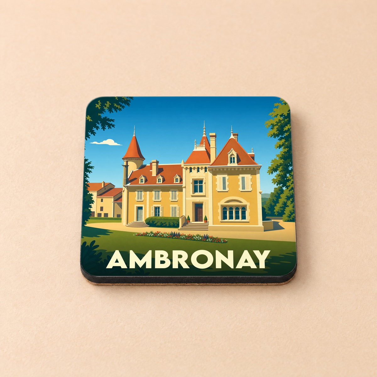 Dessous de verre souvenir de la ville d'Ambronay avec une illustration stylisée d'un château.