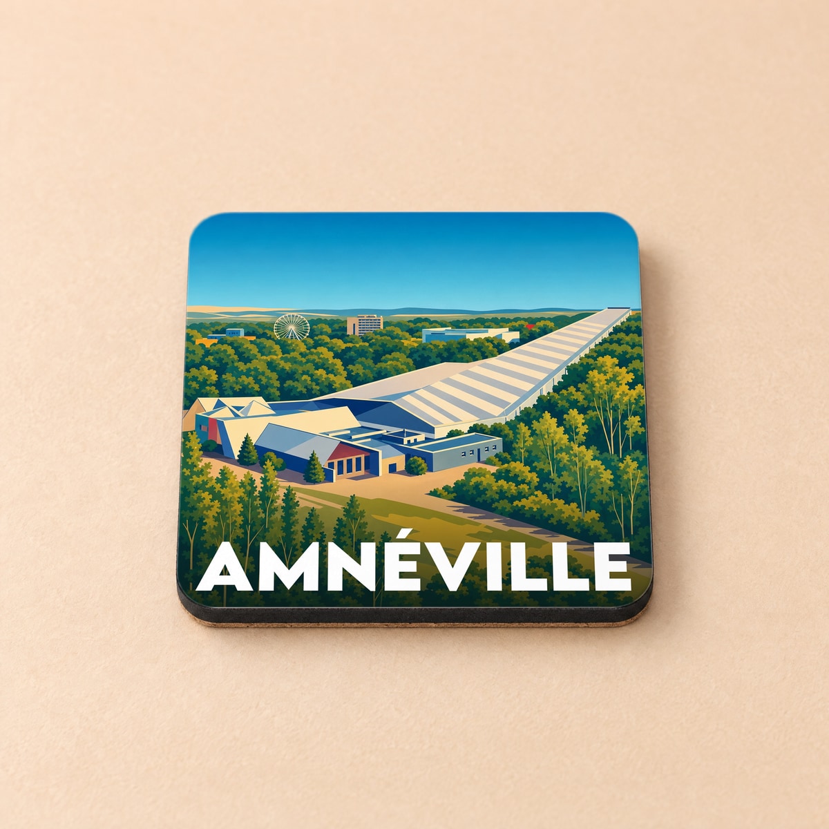 Dessous de verre souvenir de la ville d'Amnéville avec une illustration stylisée du Snowworld.