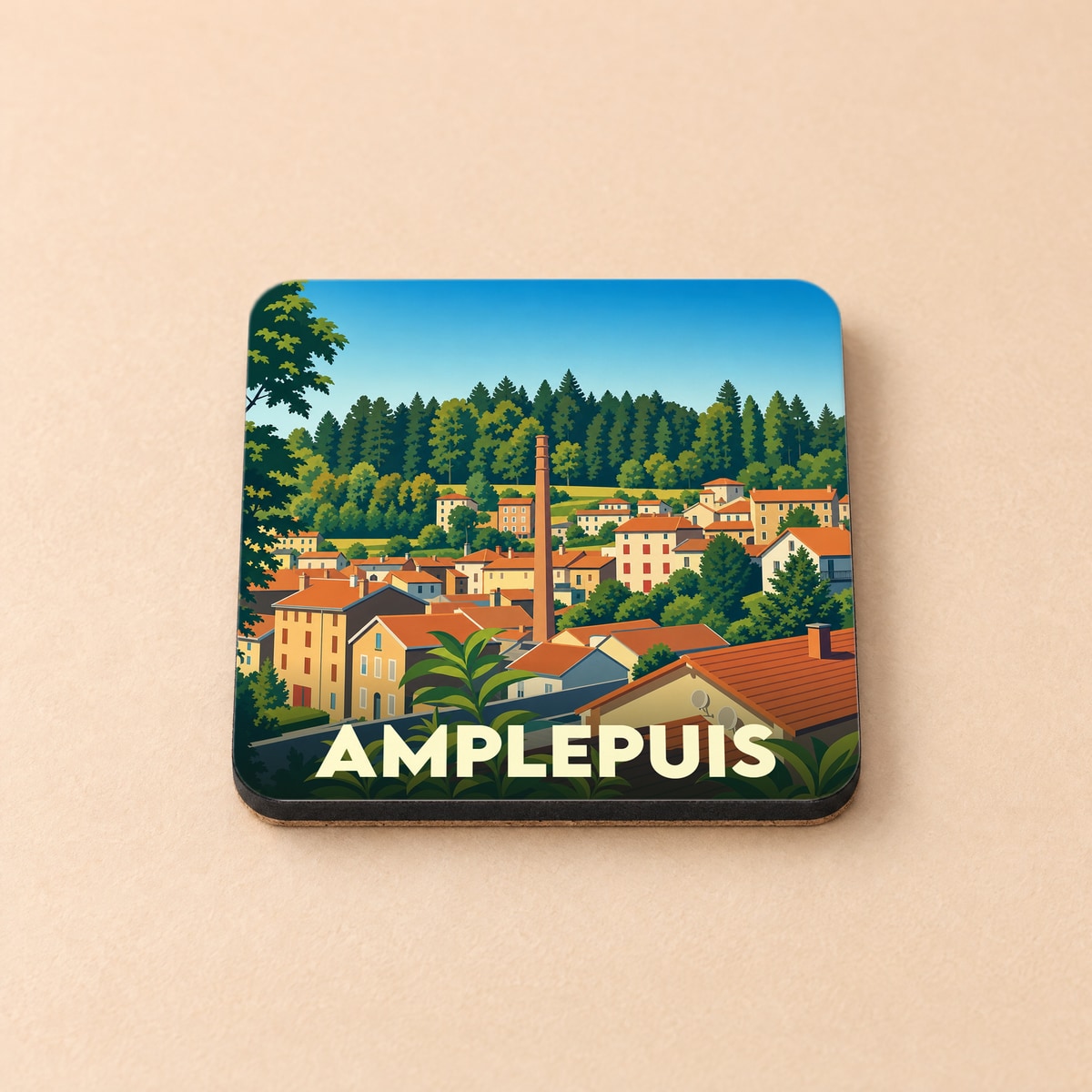 Dessous de verre souvenir de la ville d'Amplepuis avec une illustration stylisée de ses paysages et habitations.