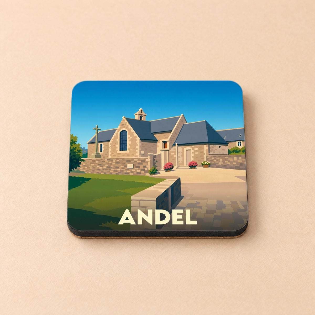 Dessous de verre souvenir de la ville d'Andel avec une illustration stylisée de son église.