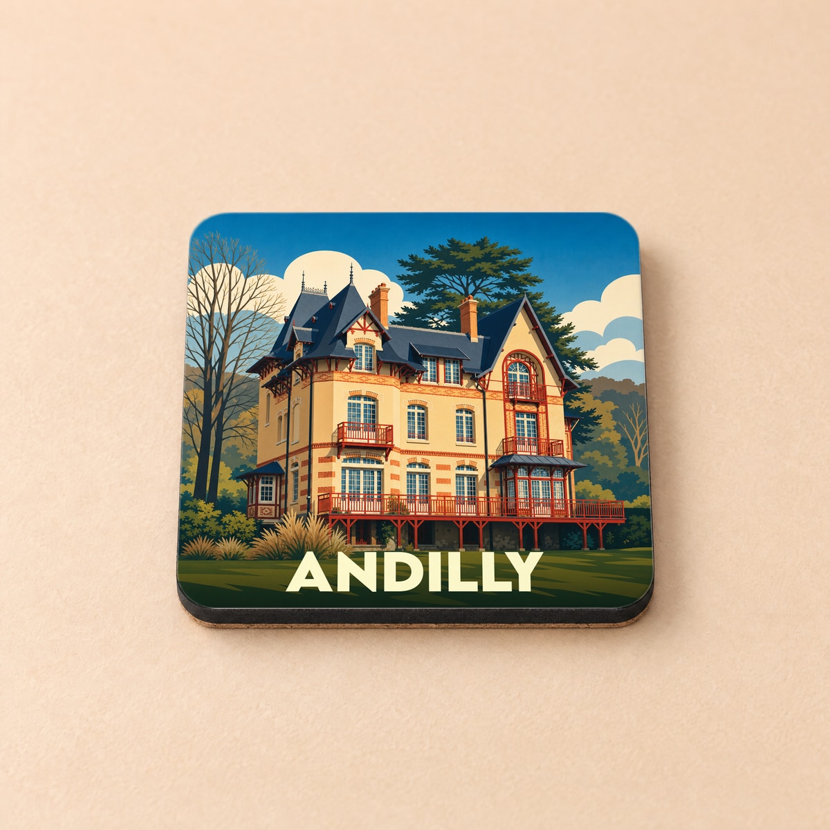Dessous de verre souvenir de la ville d'Andilly illustré d'une demeure de caractère de style Belle Époque.