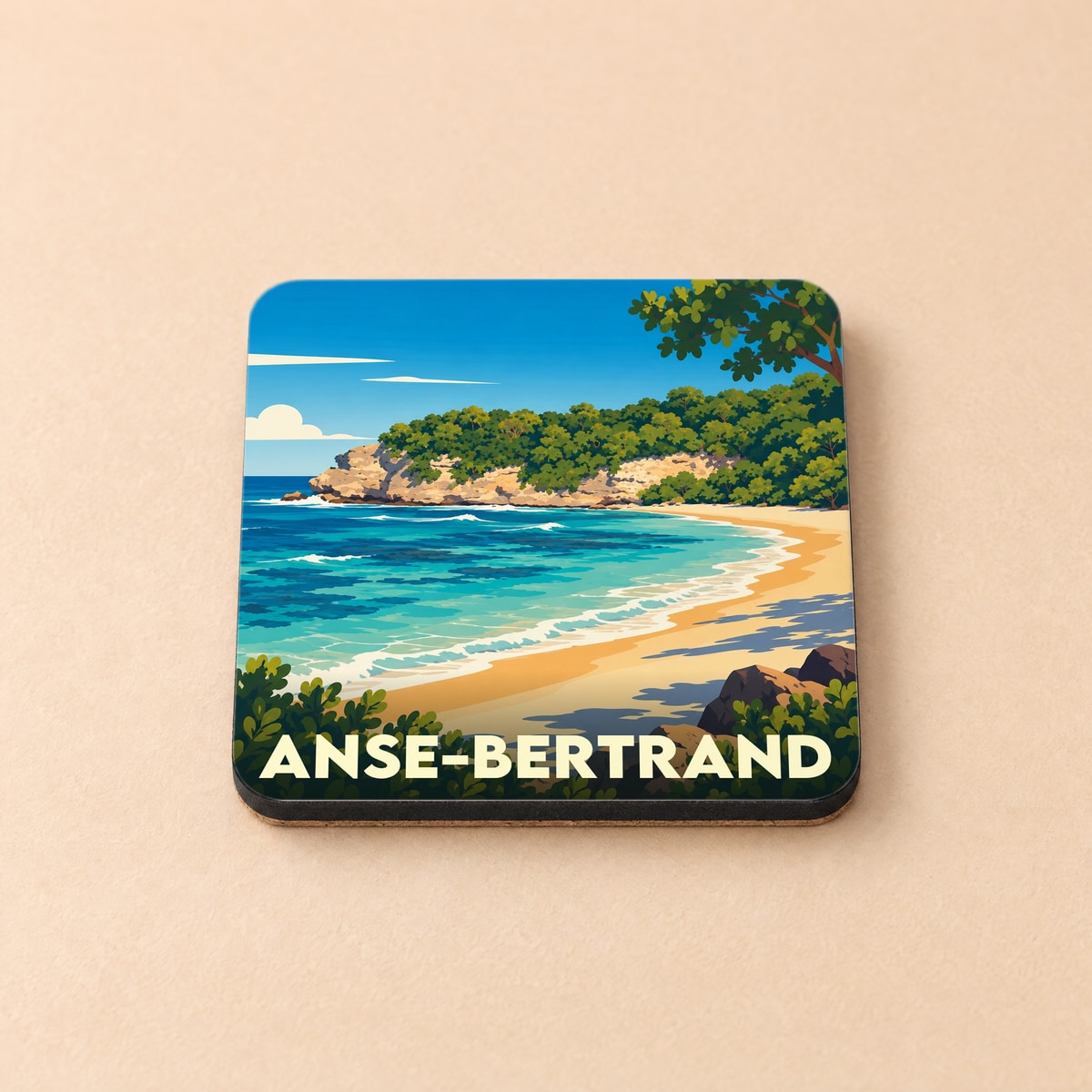 Dessous de verre souvenir de la ville d'Anse-Bertrand avec une illustration stylisée de plage tropicale.