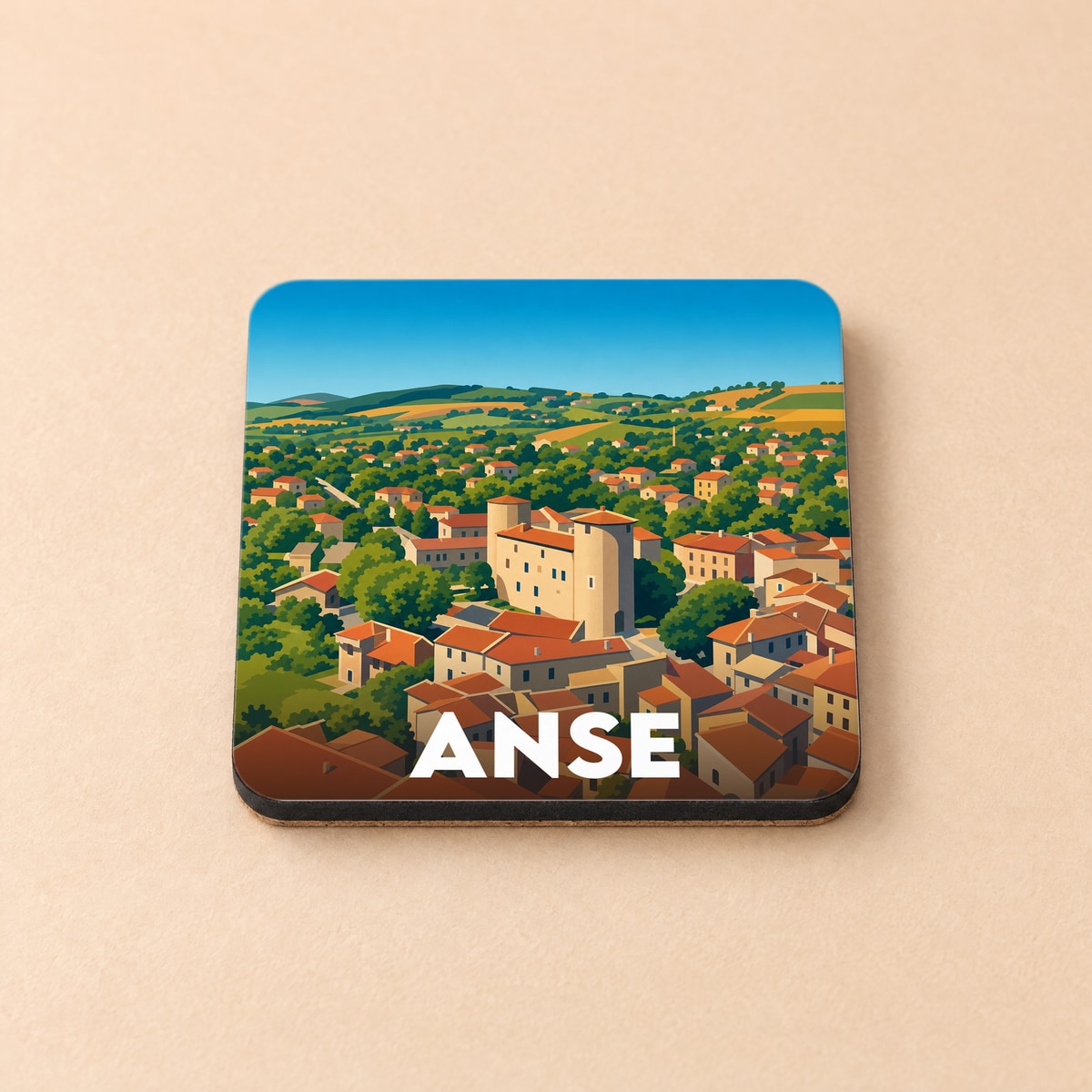 Dessous de verre souvenir de la ville de Anse avec une illustration stylisée.