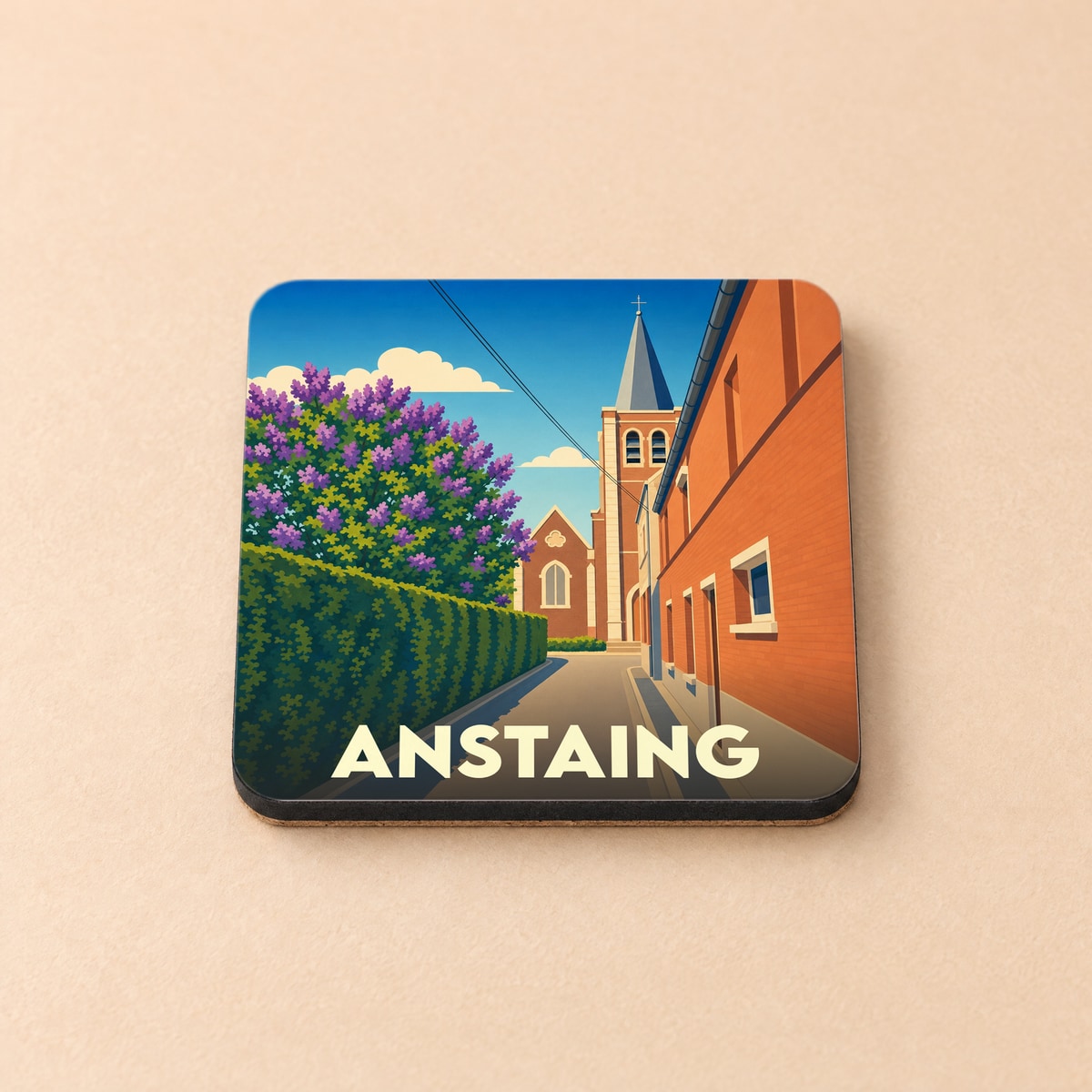 Dessous de verre souvenir de la ville de Anstaing avec une illustration stylisée.