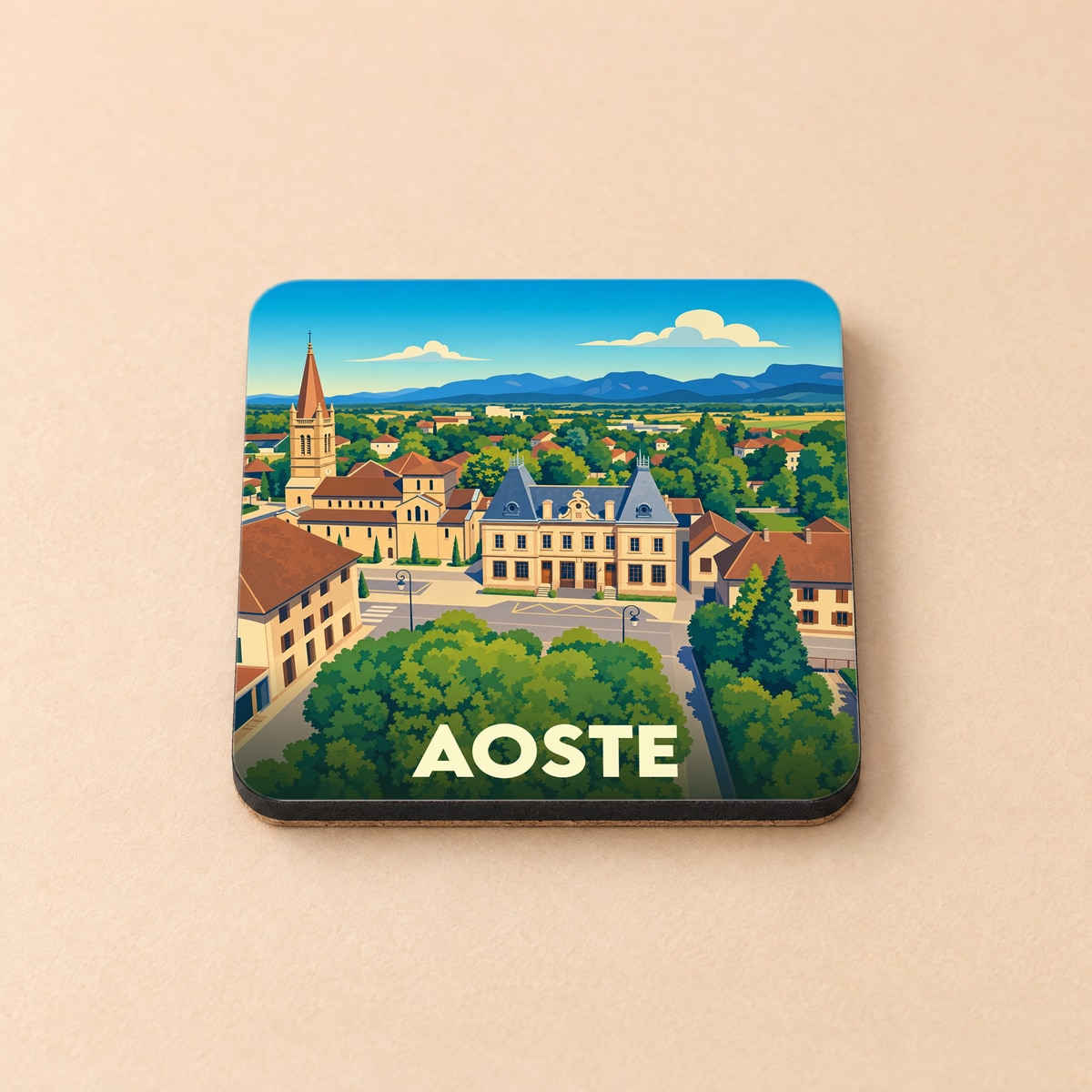 Dessous de verre souvenir de la ville d'Aoste avec une illustration stylisée et colorée.