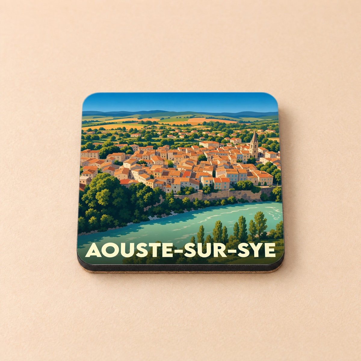 Dessous de verre souvenir de la ville de Aouste-sur-Sye avec une illustration stylisée.