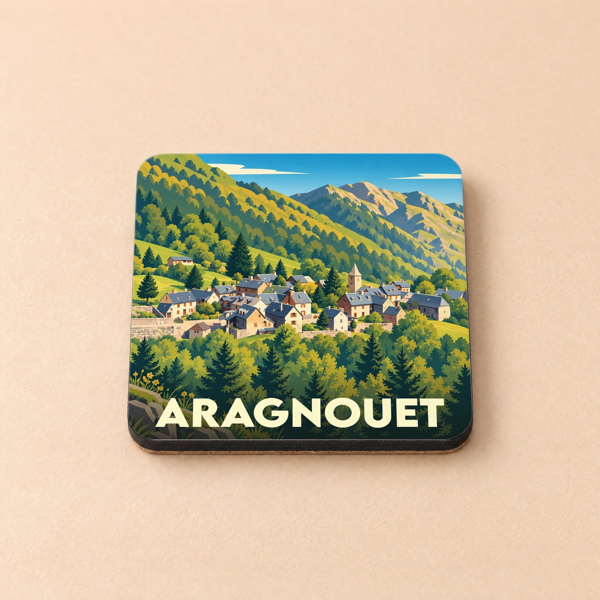 Dessous de verre souvenir de la ville d'Aragnouet avec une illustration stylisée de montagne.