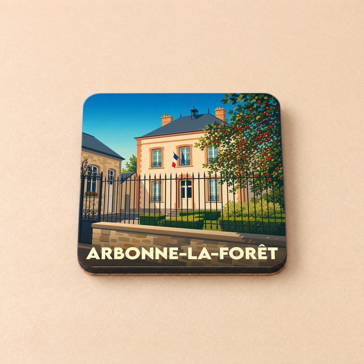 Dessous de verre souvenir de la ville d'Arbonne-la-Forêt avec une illustration stylisée de la mairie.
