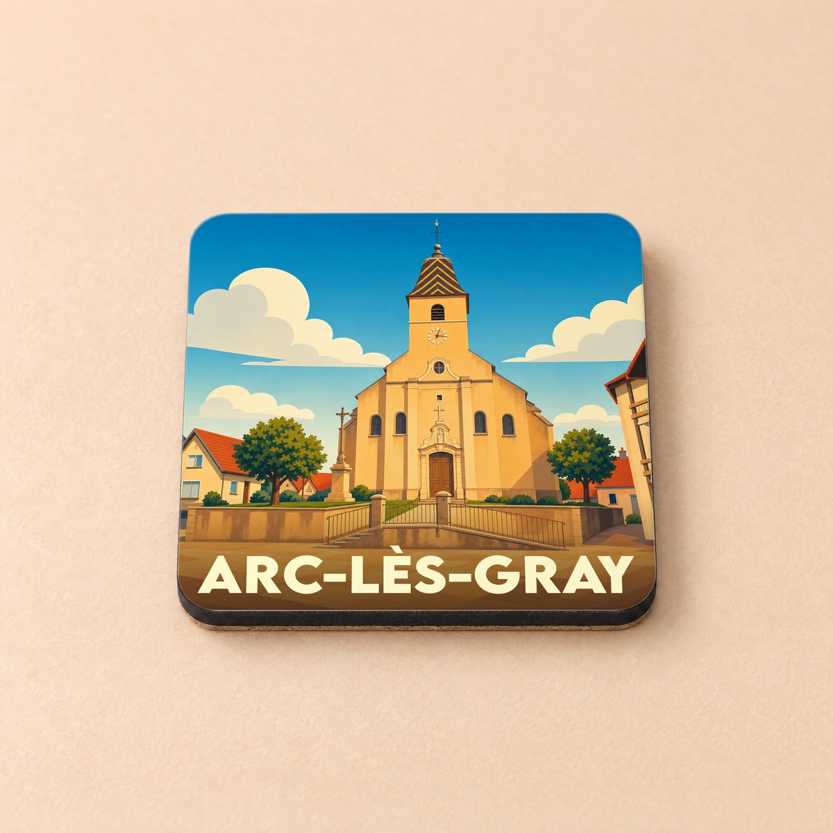 Dessous de verre souvenir de la ville d'Arc-lès-Gray avec une illustration stylisée de son église.