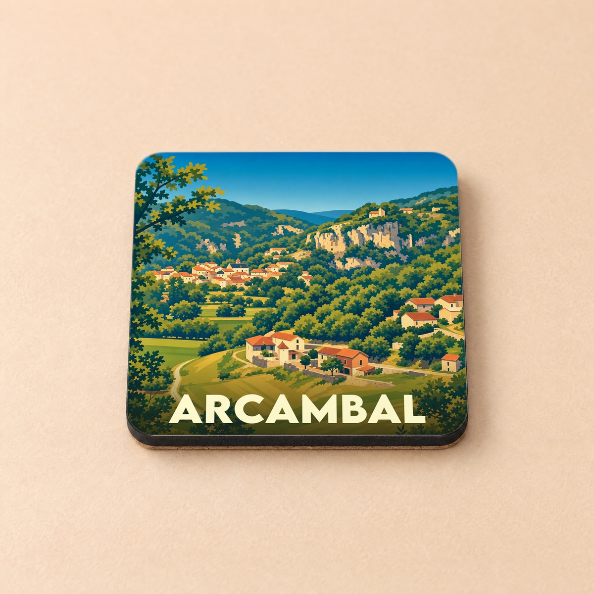 Dessous de verre souvenir de la ville d'Arcambal avec une illustration paysagère stylisée.