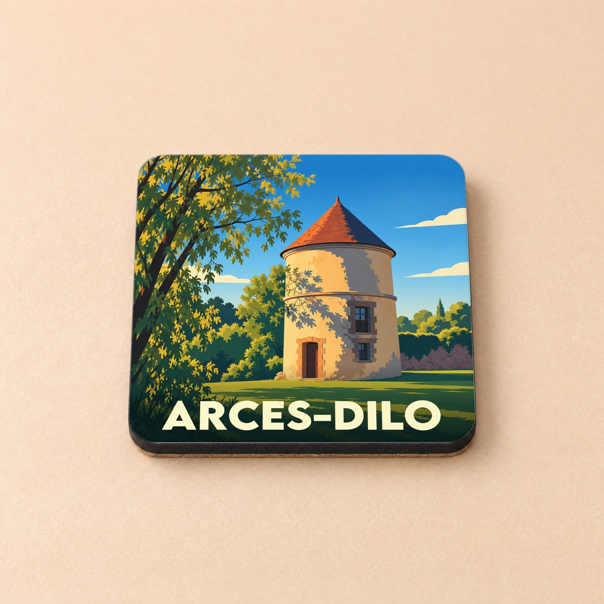 Dessous de verre souvenir de la ville de Arces-Dilo avec une illustration stylisée d'une tour ancienne.