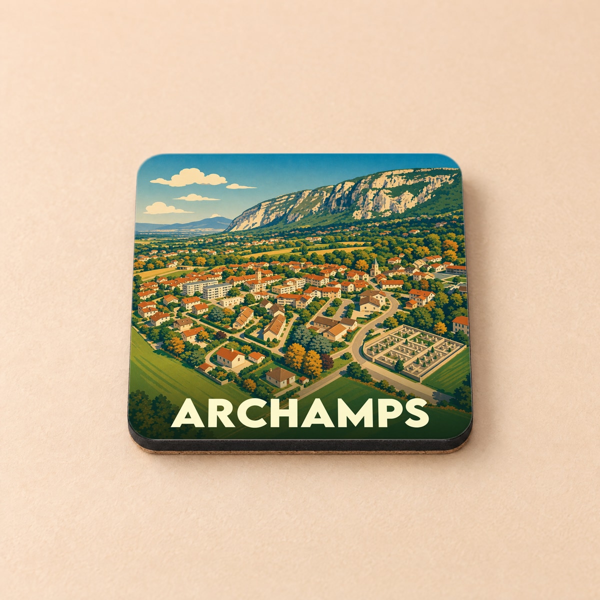 Dessous de verre souvenir de la ville d'Archamps avec une illustration stylisée d'un village de montagne.