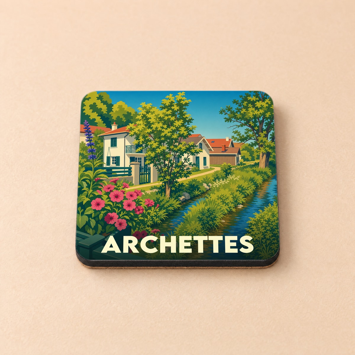 Dessous de verre souvenir de la ville d'Archettes avec une illustration champêtre stylisée.
