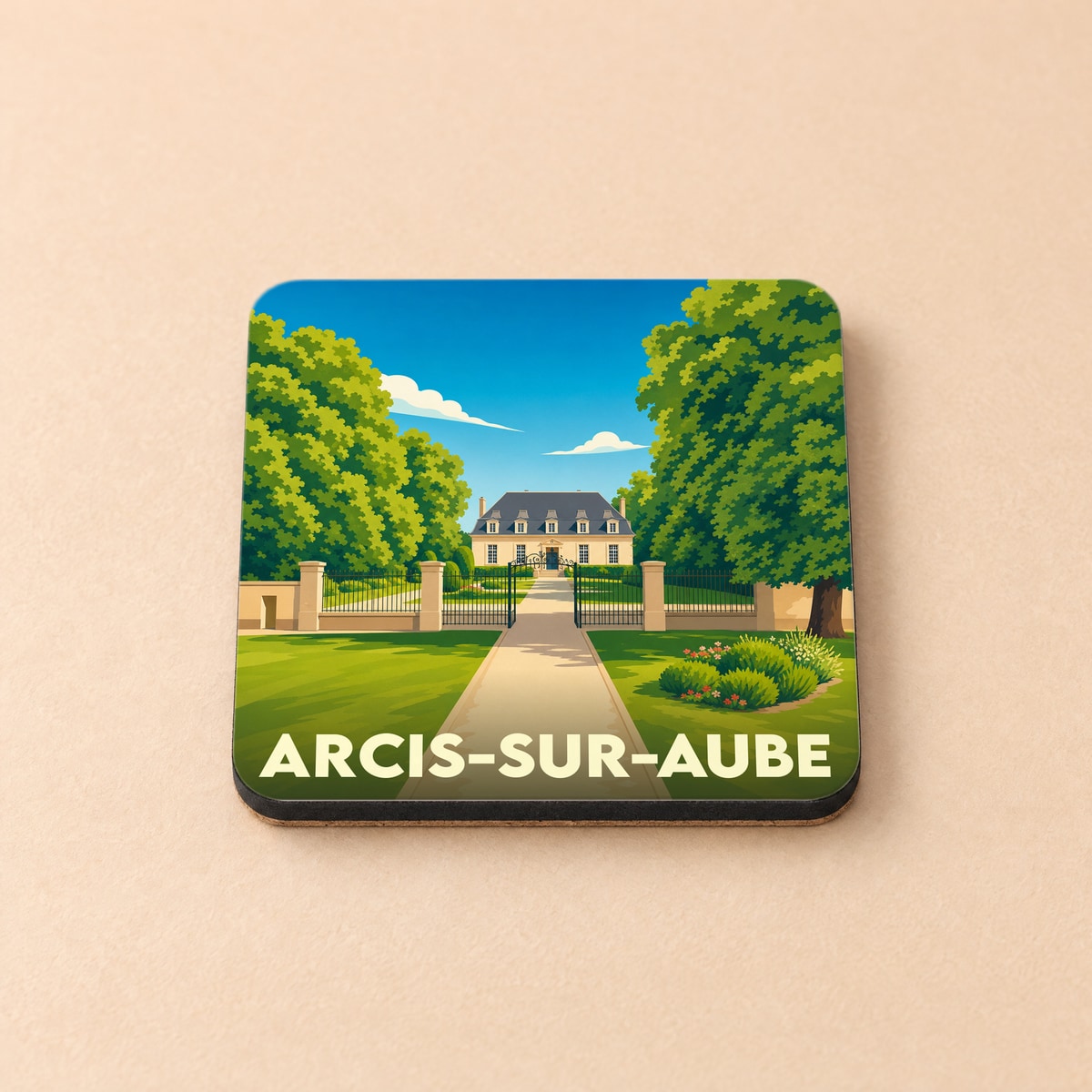 Dessous de verre souvenir de la ville de Arcis-sur-Aube avec une illustration stylisée de son château.