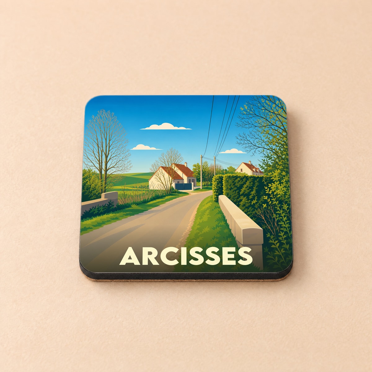 Dessous de verre souvenir de la ville de Arcisses avec une illustration stylisée d'un paysage rural.