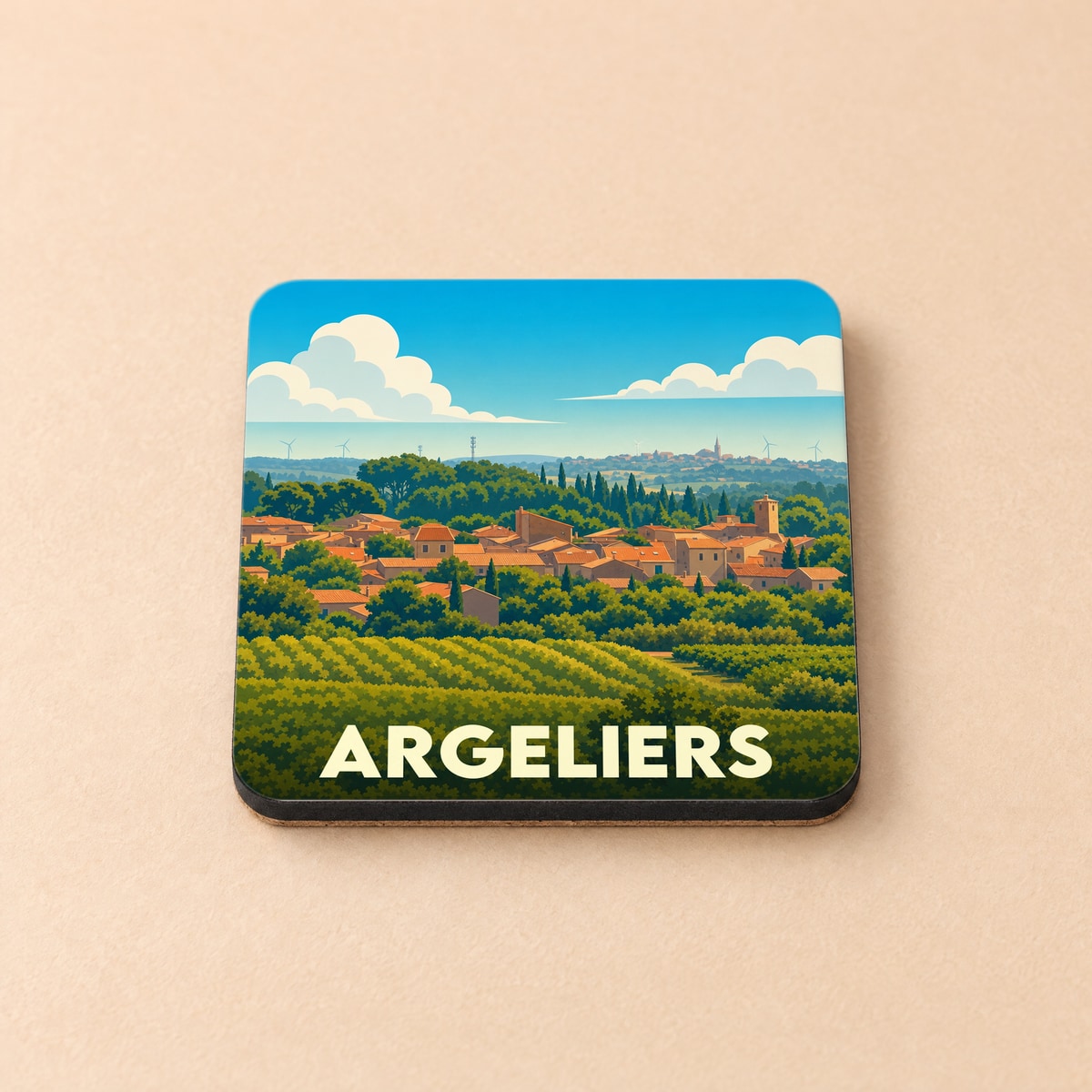 Dessous de verre souvenir de la ville d'Argeliers avec une illustration stylisée d'un village occitan et de ses vignobles.
