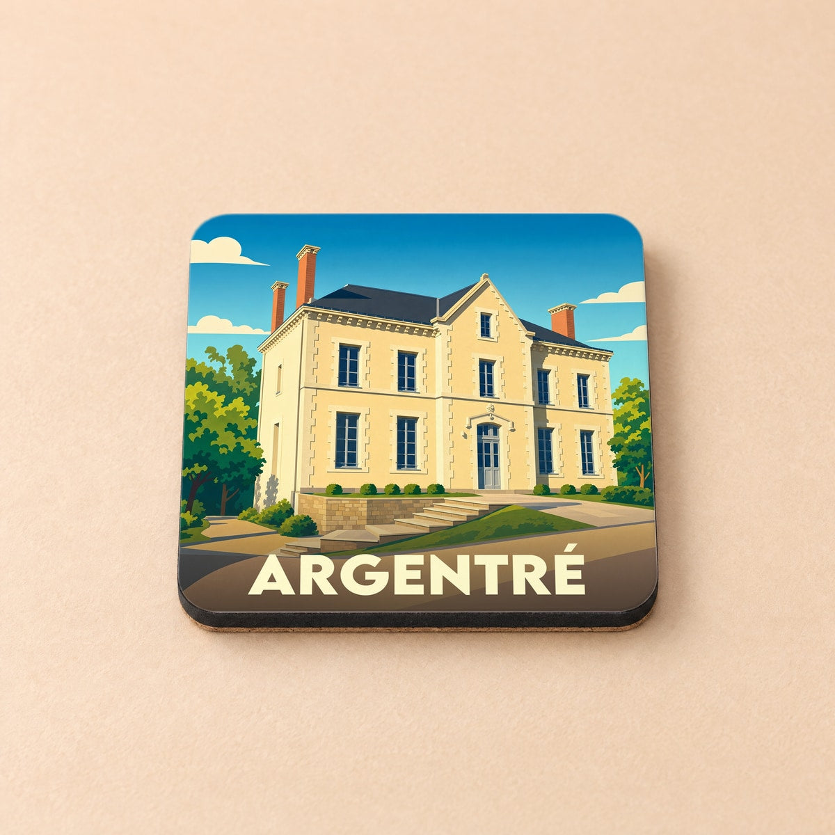 Dessous de verre souvenir de la ville d'Argentré avec une illustration stylisée de sa mairie.