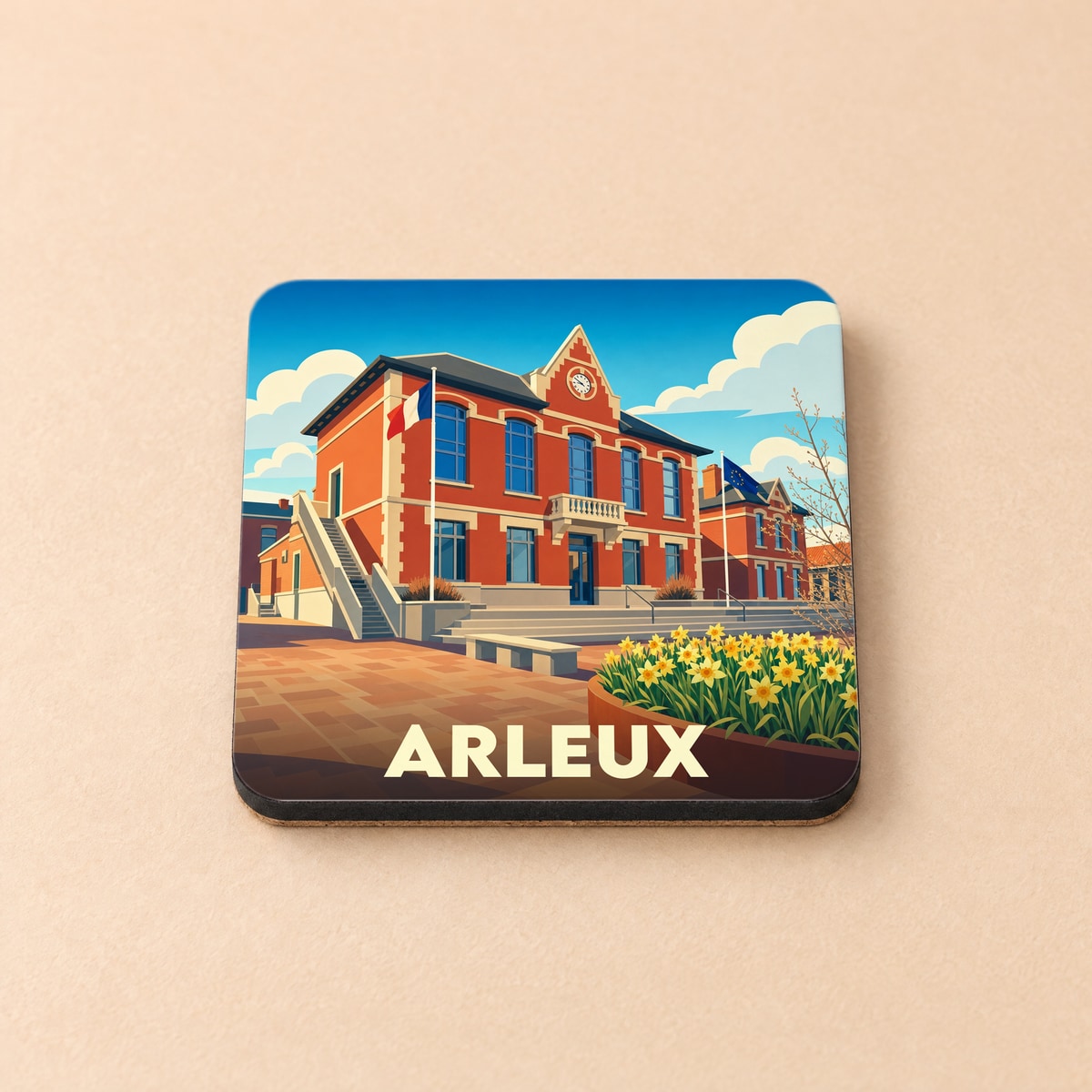 Dessous de verre souvenir de la ville d'Arleux avec une illustration stylisée de son hôtel de ville.